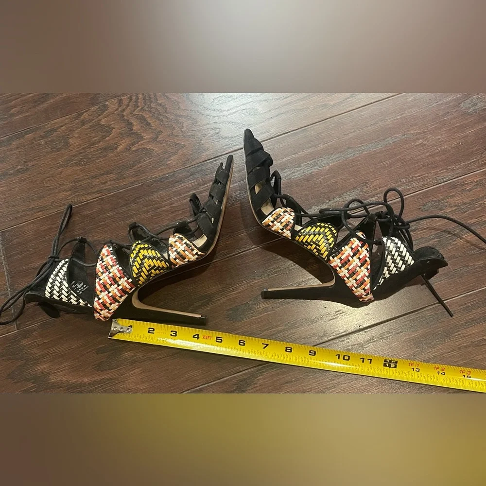 ZARA Women Lace Up Heels Black Aztec Woven Stilettos Sandals Size 36 /5.5